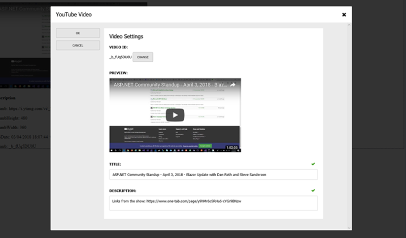 YouTube video editing in the Cofoundry CMS admin panel