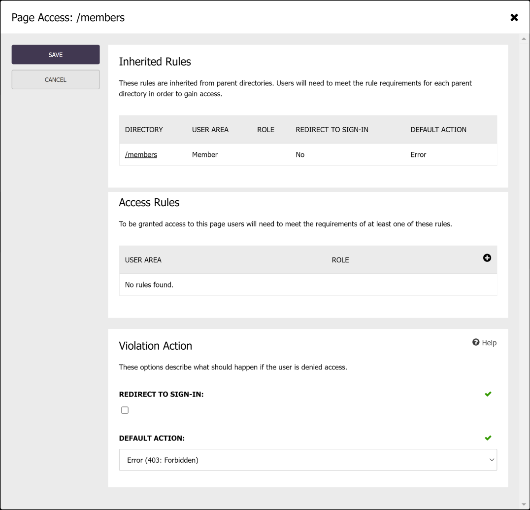 the new page access rules screen in the Cofoundry admin panel