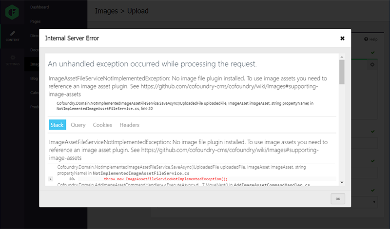 Development error handling experience in the Cofoundry CMS admin panel