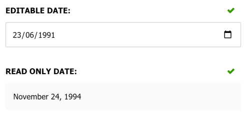 Example showing how the ReadOnly attribute readers int he admin UI, showing an editable date and a readonly date field