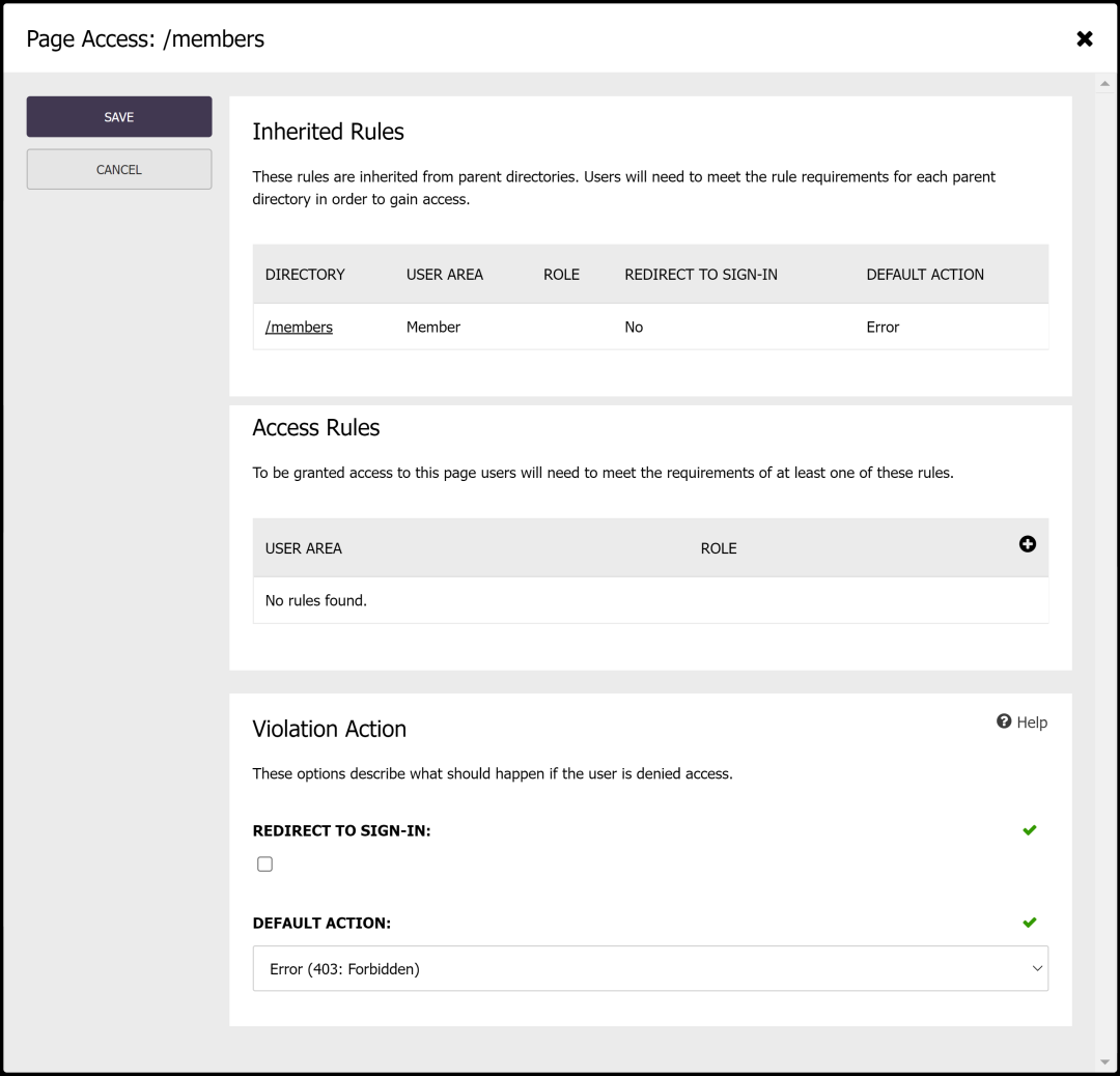 The page access editor in the admin panel