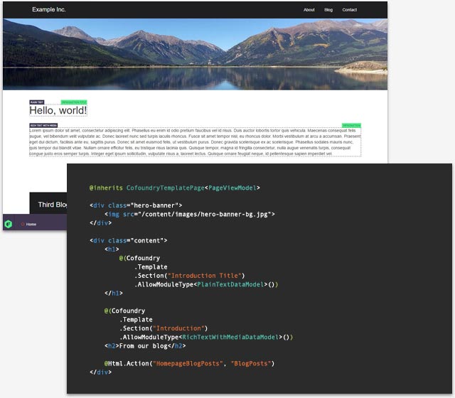 An example of how you can edit a code-defined razor template in the visual editor