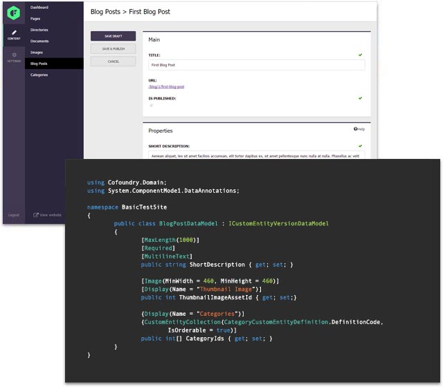 An example of editing a code-based data model in the admin panel